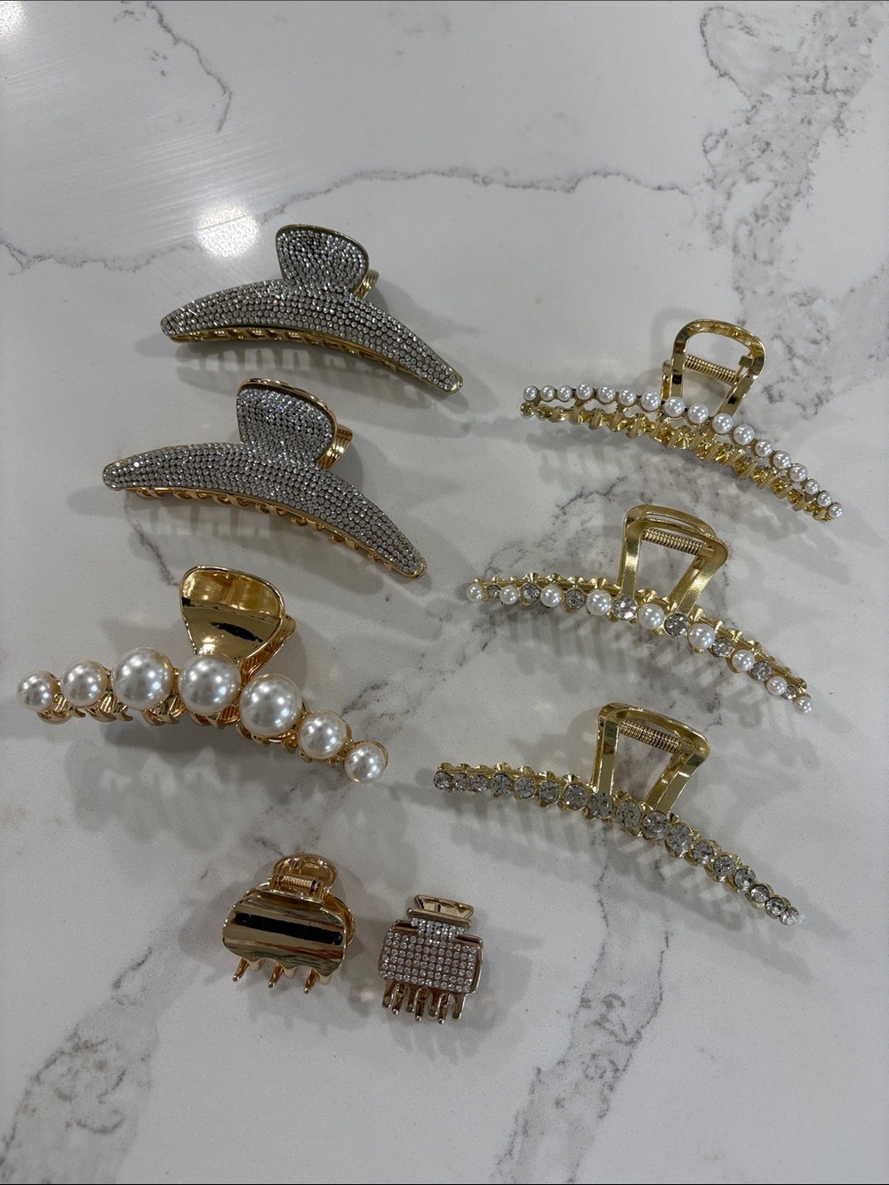 Gold and Pearl Rhinestone Hair Claw Clip Set of 8